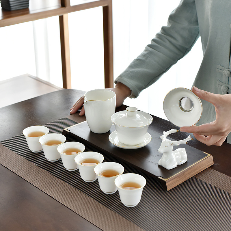 Sheer jade white porcelain gongfu tea set set minimalist full luxury complete gift wholesale souvenir lid teacup