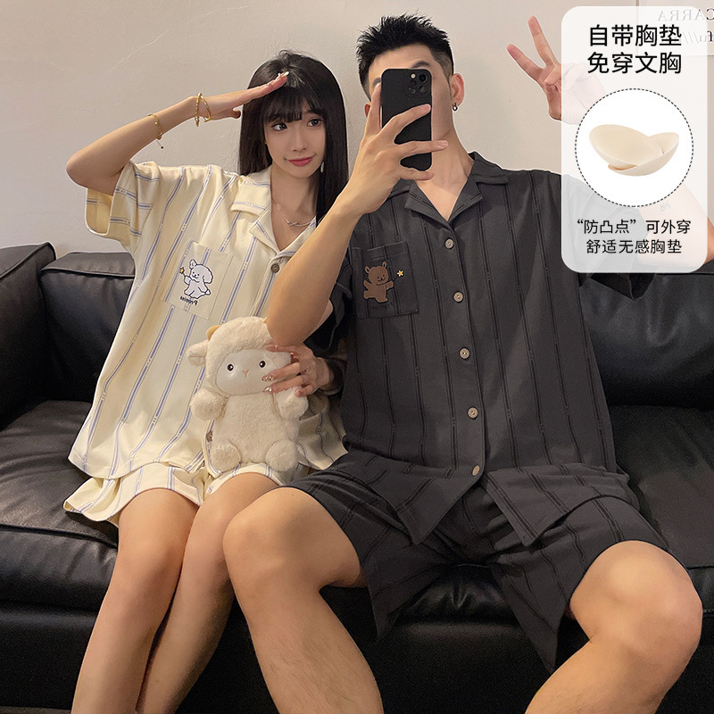 Couple's Pajamas Summer Short-Sleeved Shorts 2026 New Style Cute Women's and Men's Cardigans That Can Be Worn Outside Casual Home Wear