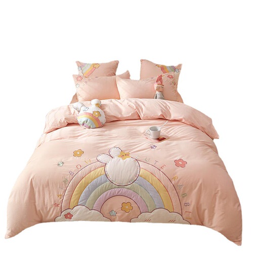 Small and Fresh 100% Cotton Embroidered Quilt Set for Kids - Four-Piece Bedding Set with Fitted Sheet