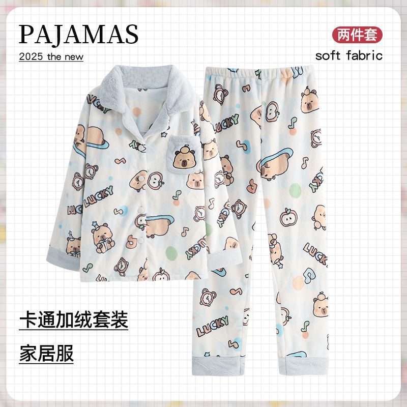 Al por mayor transfronterizo otoño y invierno nuevo engrosado pijama de franela cardigan con solapa casual lindo ropa de hogar se puede usar fuera