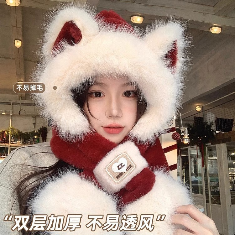 可爱毛绒帽子女冬季新款防寒保暖围脖围巾一体加厚护耳雷锋帽2025|undefined