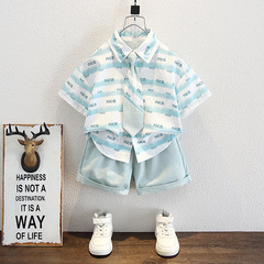 男童夏季襯衫套裝2024夏裝薄款兒童字母滿印襯衣寶寶休閒短袖