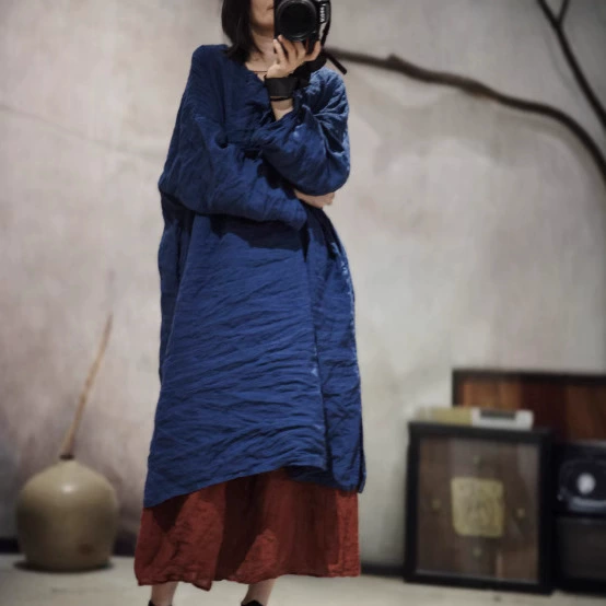 25/06 SN171 Весна/Лето Винтажный художественный льняной асимметричный свободный халат ручной работы на пуговицах.