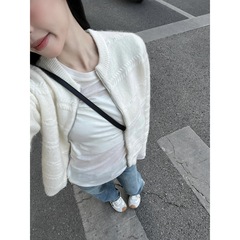 春のシングルトップ白レイジーセーターカーディガンジャケット女性のための春のジッパールーズでシックなアウターセーター