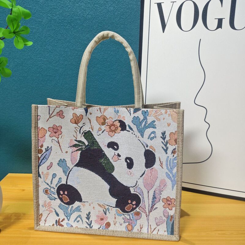 Cartoon Panda Fubao Linen Handbag Fashion Large Capacity Cotton Linen Bag Student Mends Bag Hand Bag Hand Gift