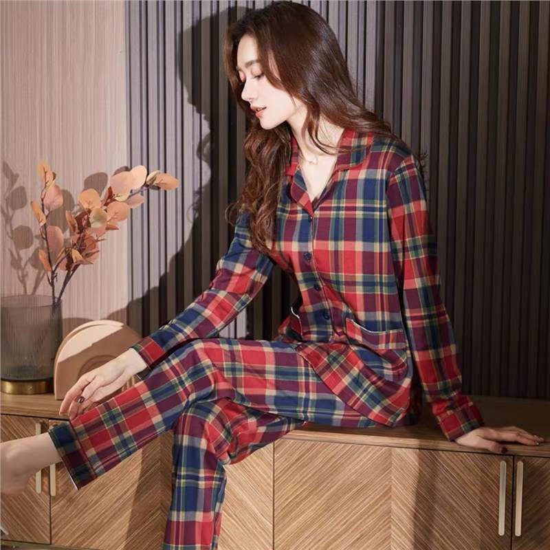 Pijama de mujer otoño invierno algodón nuevo cardigan de manga larga a cuadrillas grande se puede usar con ropa de casa de primavera y otoño