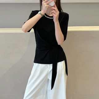设计亮片系带收腰显瘦三醋酸凉感透气针织衫女夏季圆领短袖T恤