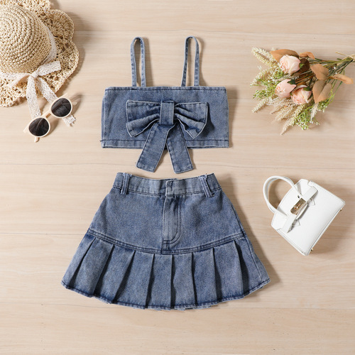  new summer girls denim suit short bow strap strapless denim pleated skirt suit wholesale
