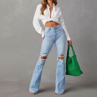 Factory Direct Sales 2025 New Cross-Border European and American High-Waisted Ripped Jeans Women's Street Sexy Bell-Bottom Pants