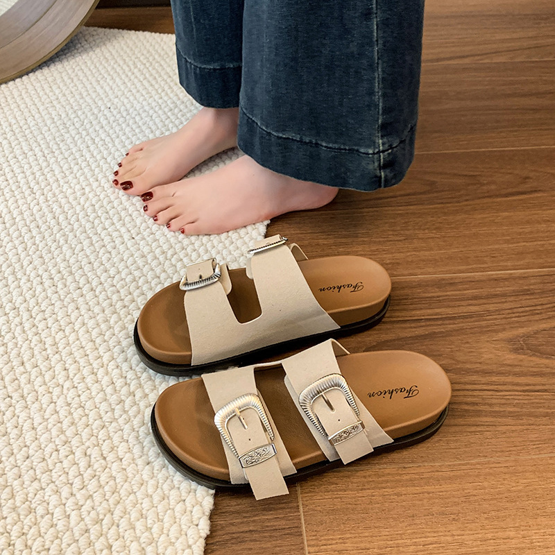 勃肯鞋女2025新款跨境双带牛皮博肯鞋夏季外穿半拖鞋懒人沙滩鞋女