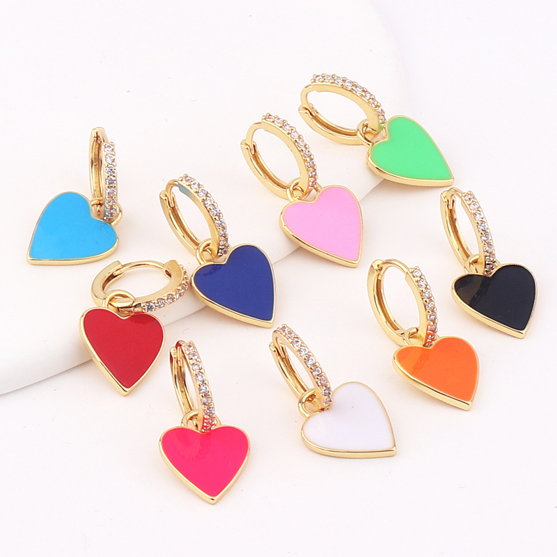 Retro Heart Shape Copper Earrings Stoving Varnish Artificial Gemstones Copper Earrings