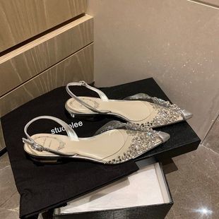 Fairy Rhinestone Transparent Sandals 2025 Spring Sense Niche Baotou Low Heeled Flat Pointed Crystal Women's Shoes