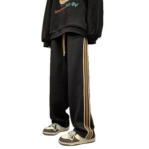 Side-striped pants, Instagram-style trendy brand wide-leg casual pants, mid-to-low waist straight-leg slightly stretchy loose-fit for teenagers, with embroidered logo.