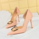 626-K9 Wind Nightclub High Heels Women's Shoes Thin Heels Shallow Notched Pointed Side Hollow Metal Rivet Buckle Single Shoes Women