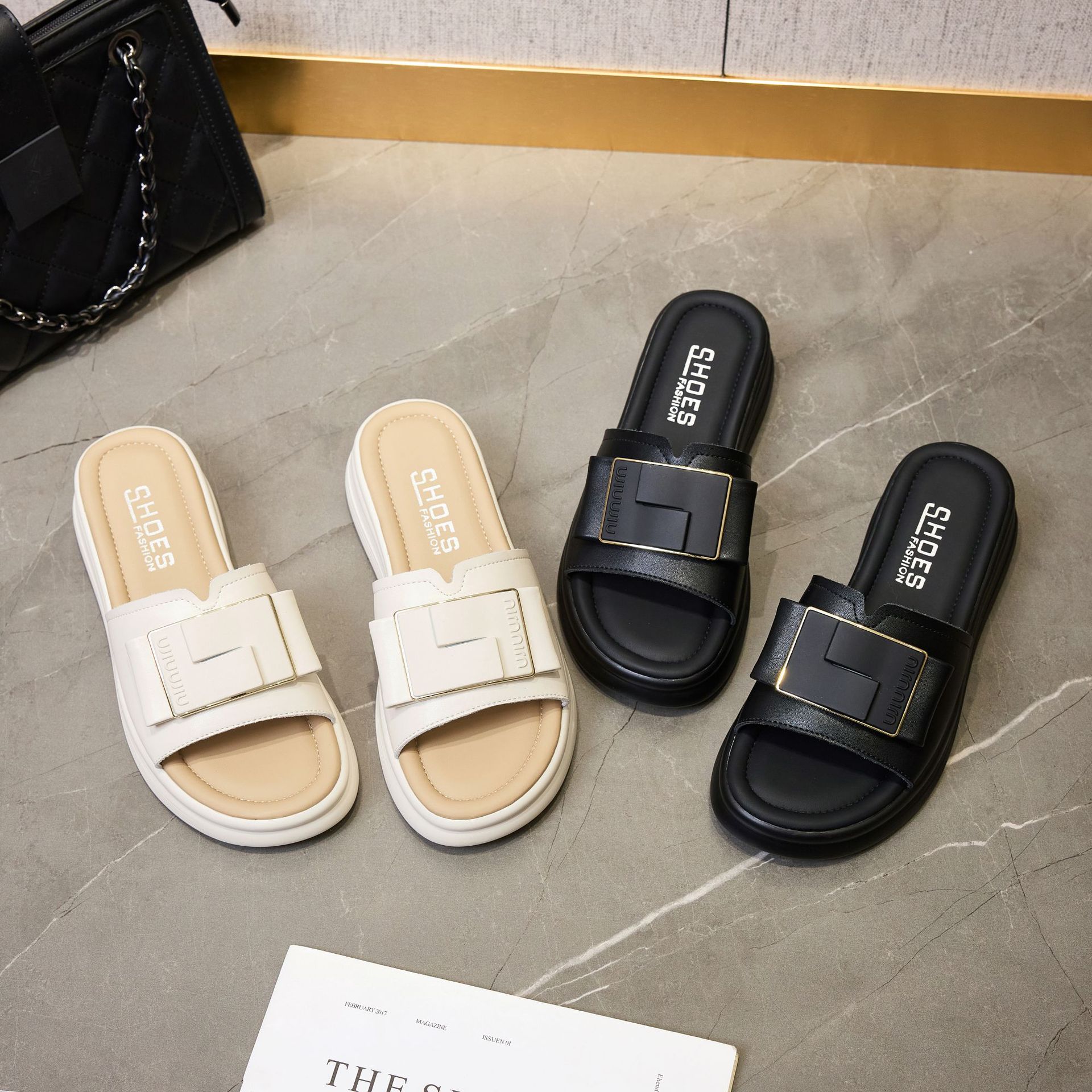 Genuine Leather Sandals and Slippers 2025 New Women's Outer Wear Non-slip Soft Bottom plus size Slippers with Metal Buckle Flat Bottom for Pregnant Women Home