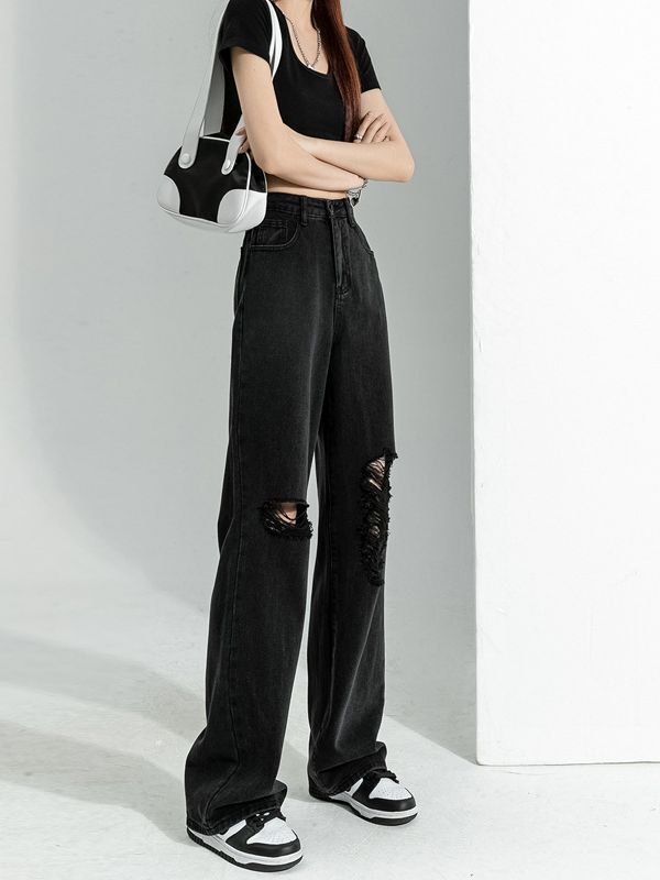 Black Ripped Jeans Women's Summer 2023 New High Waist Straight Loose Large Size Wide Leg Draping Pants Black Ripped Jeans Women's Summer 2023 New High Waist Straight Loose Large Size Wide Leg Draping Pants