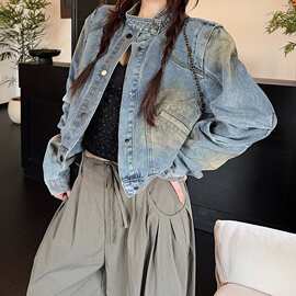 韩国chic秋季新款法式小众设计美式复古做旧风涂鸦漆宽松牛仔外套