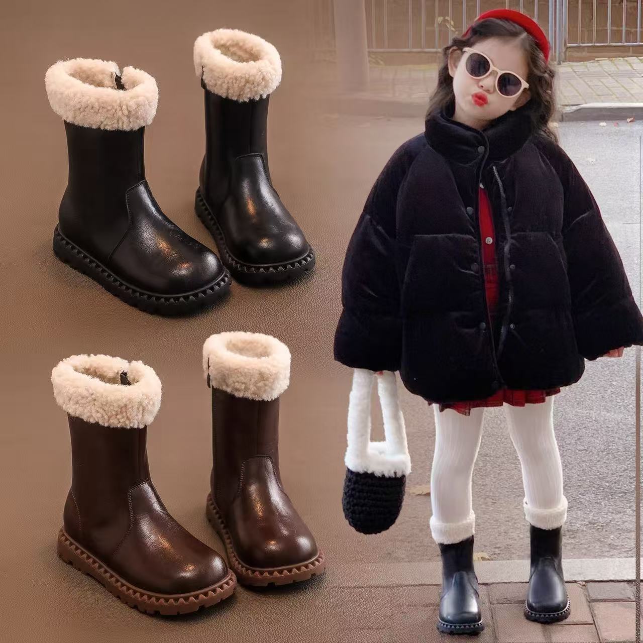 Girls' Children's Martin 2025 Autumn New Fleece-Lined Cotton Shoes Winter Baby Warm Snow Mid-High Boots_voghion.com