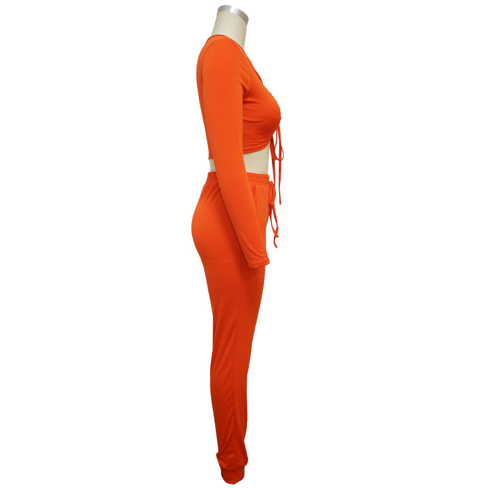 2 Piece Solid Color Drawstring Crop Top And Pant Set