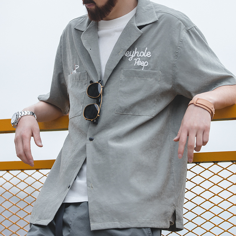 Madden Workwear French Retro Short-sleeve Peach Skin American Loose Amekaji Shirt With Cuban Collar For Men In Summer_voghion.com