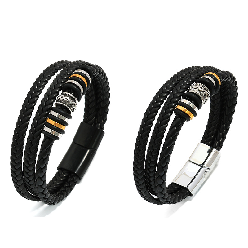 Europa y los Estados Unidos transfronterizos hechos a mano de tres capas de tejido de estilo nacional pulsera de cuero de aleación de moda para hombres pulsera de cuentas