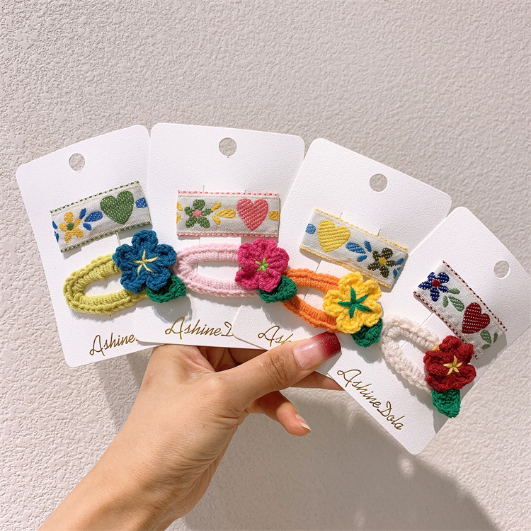 秋冬新款兒童毛線花朵髮夾甜美女童布藝刺繡BB夾劉海碎發邊夾頭飾