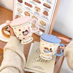 インススタイル子犬マグ蓋付きスプーンゴブレットセラミックウォーターカップガールズカップオフィスコーヒーブレックファストカップ
