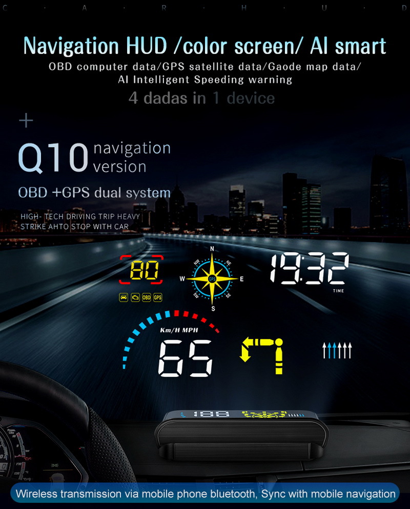 Navigation Version Usb-Powered Car Hud Head-Up Display Universal High-Definition Portable Speed Projector Q10