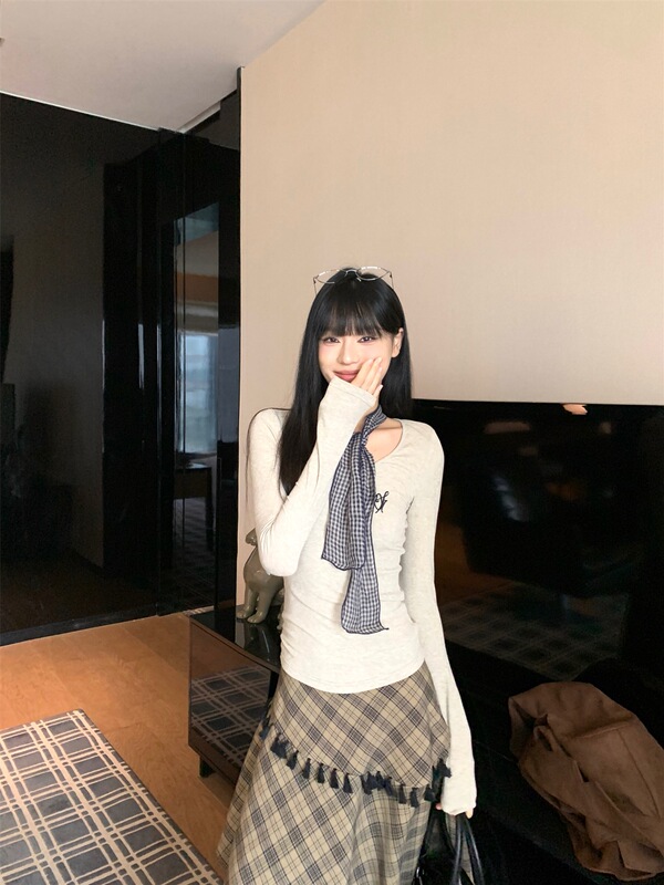 可甜可盐宽松长袖西装外套不规则格纹半身裙女2025秋季时尚套装潮|undefined