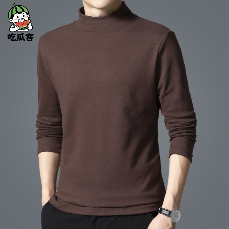 하프 하이 칼라 양면 벨벳 티셔츠 남성용 솔리드 컬러 슬림핏 긴팔 따뜻한 벨벳 내부 탑 가을과 겨울 기본 셔츠