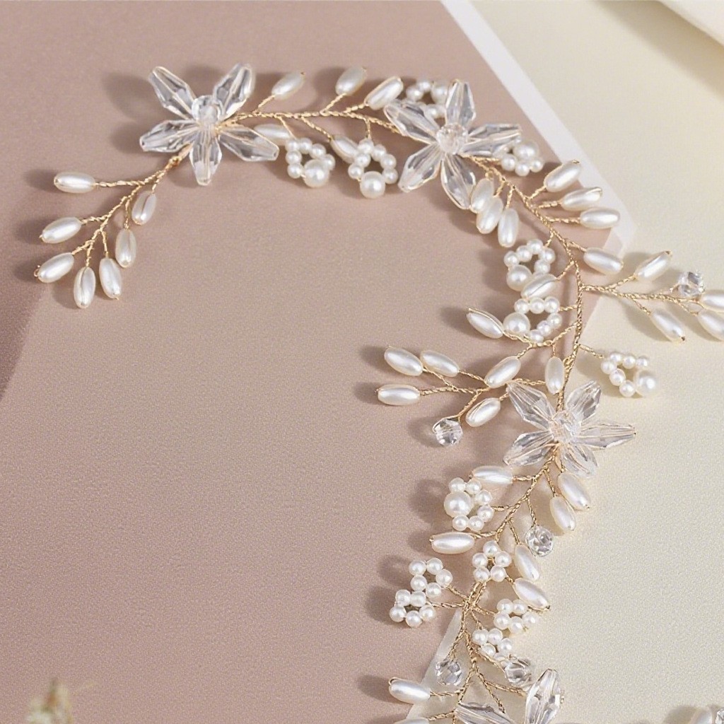 Cross-Border Best-Selling Pearl Headband, White Wedding Dress Accessories, Hairband with Crystal Pearls and Rice Beads