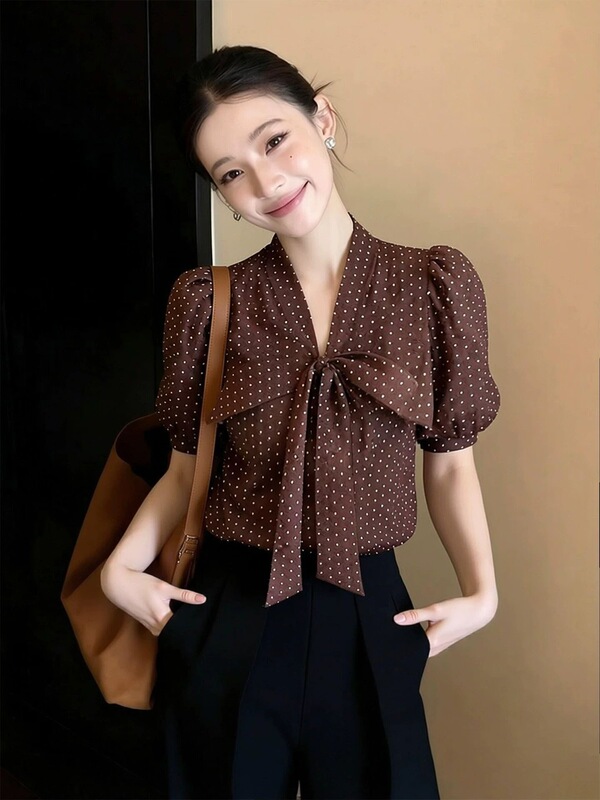 Vintage Elegant Bow Tie Polka Dot Shirt for Women, 2026 Summer New Short Sleeve Hong Kong Style Chic Top, Age-Reducing Vintage Elegant Bow Tie Polka Dot Shirt for Women, 2026 Summer New Short Sleeve Hong Kong Style Chic Top, Age-Reducing