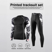 跨境运动套装男长袖速干透气游泳上衣男士印花居家健身运动户外