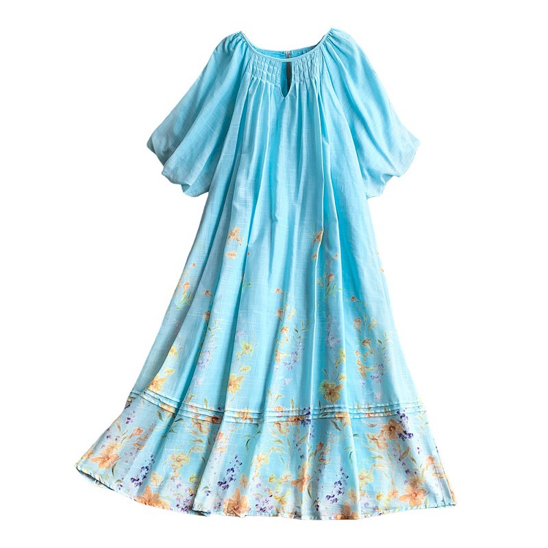 Women's French Romantic Style Dress Lantern Sleeve Printed Summer Pleated Hollow Round Neck Loose Long_ecoleips.com