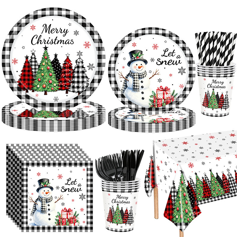 Black and white checkered Christmas party tableware set snowman Christmas tree paper plates paper cups paper napkins tablecloth disposable items