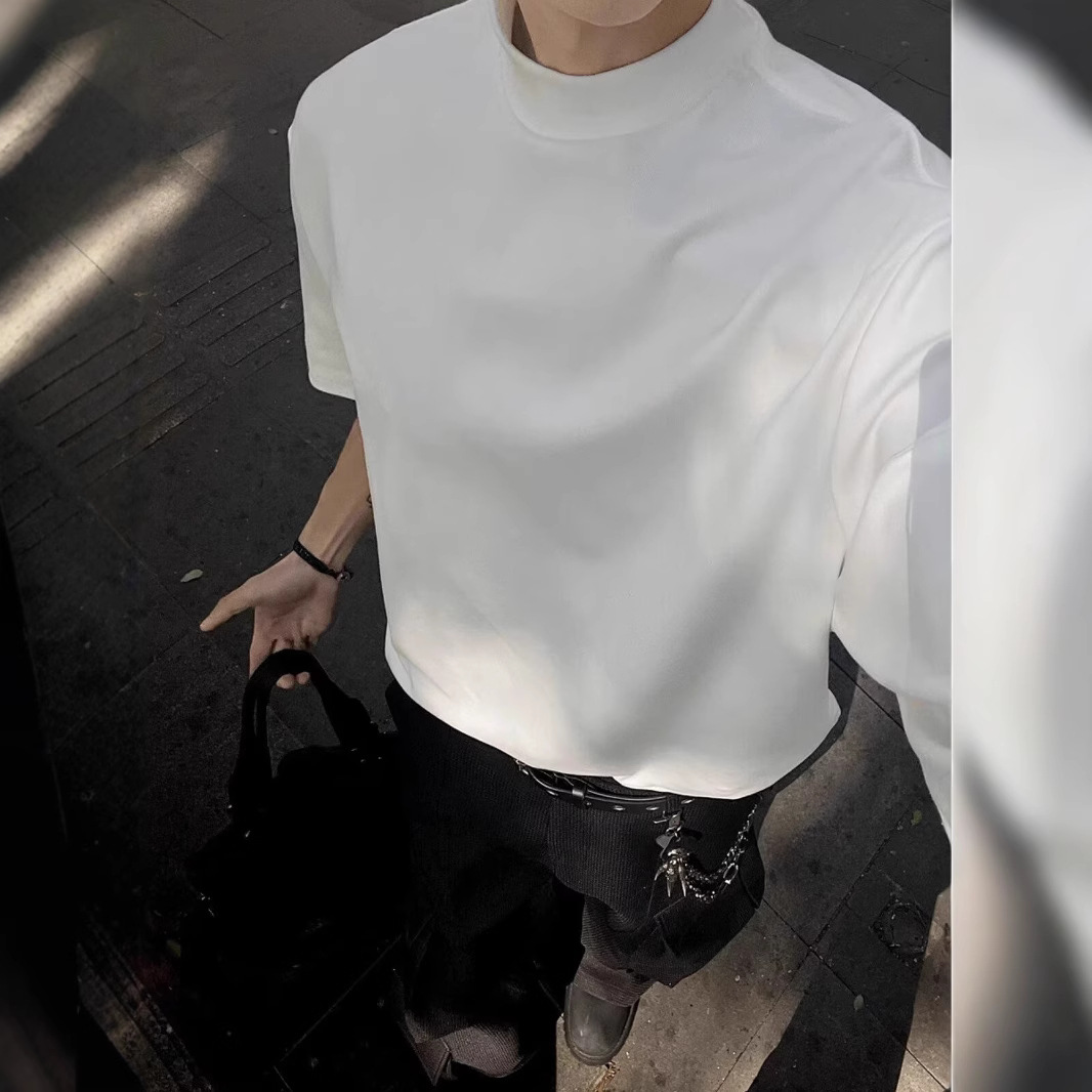 아메리칸 하이스트리트 하프 터틀넥 반팔 티셔츠 남성 여름용 멋스럽고 루즈한 활용도 높은 캐주얼 티셔츠 심플하고 캐주얼한 상의