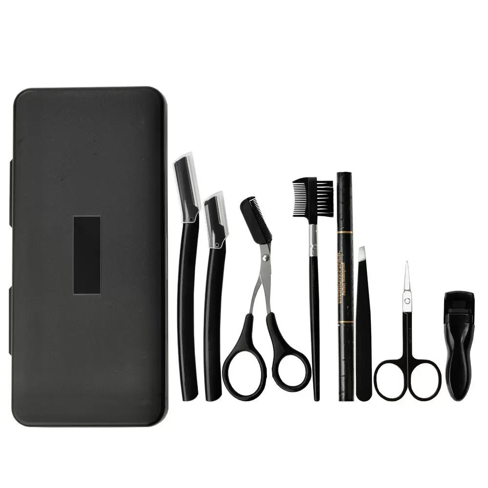 跨境热销修眉套装微距刮眉刀带梳眉剪睫毛夹不锈钢眉镊修眉工具套