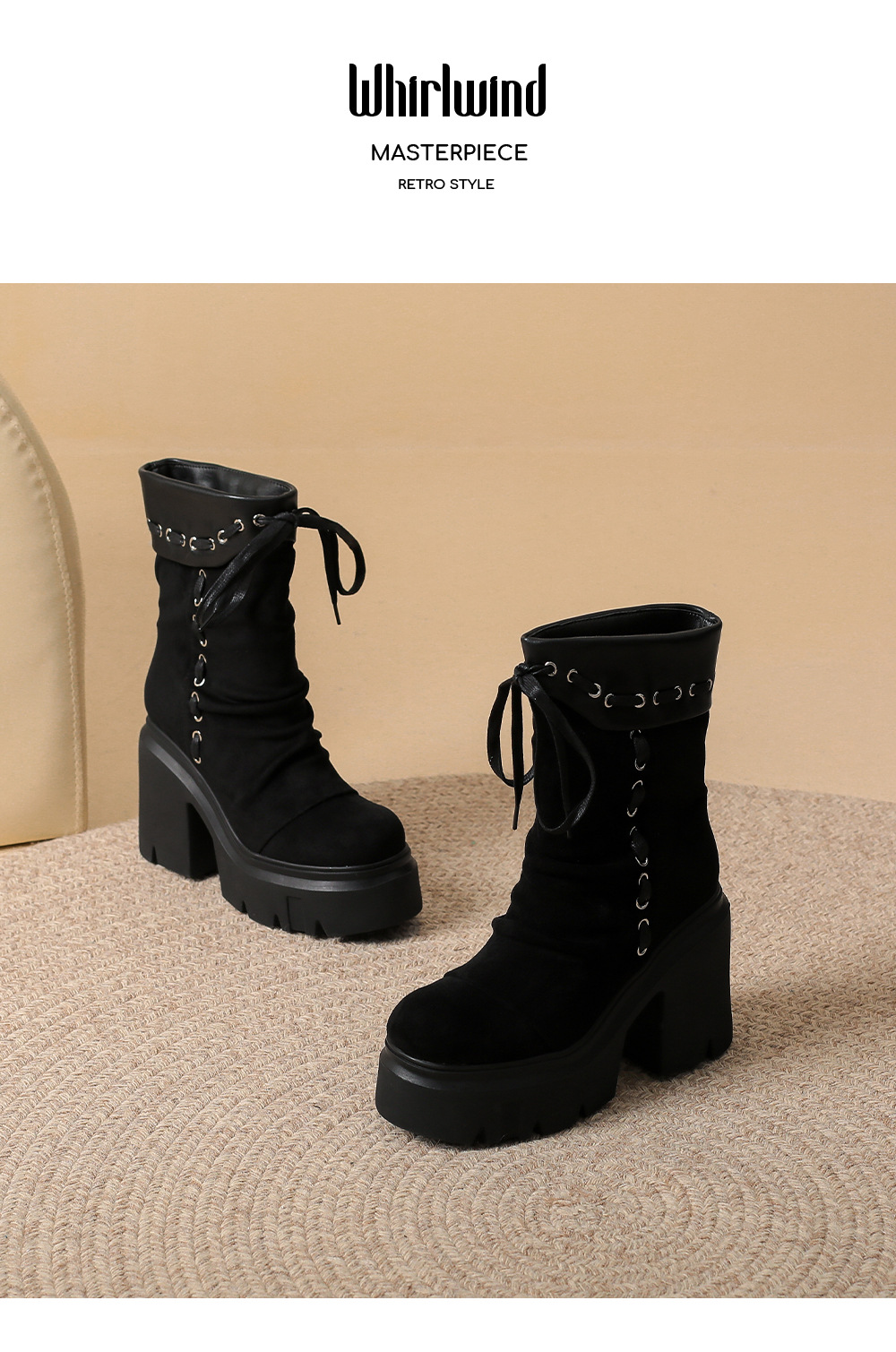 Boot nữ da lộn mũi tròn gót 12 cm dây buộc phong cách retro — nhung đen chi tiết 10