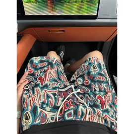 美式高街嘻哈短裤男生夏季涂鸦设计感小众痞帅五分裤针织沙滩裤子