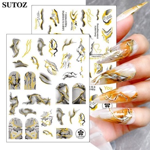 2022 Cross-border Hot Nail Art Stickers ins Bronzing Marble Pattern Black and White Gold Line Ribbon Nail Back Adhesive Sticker