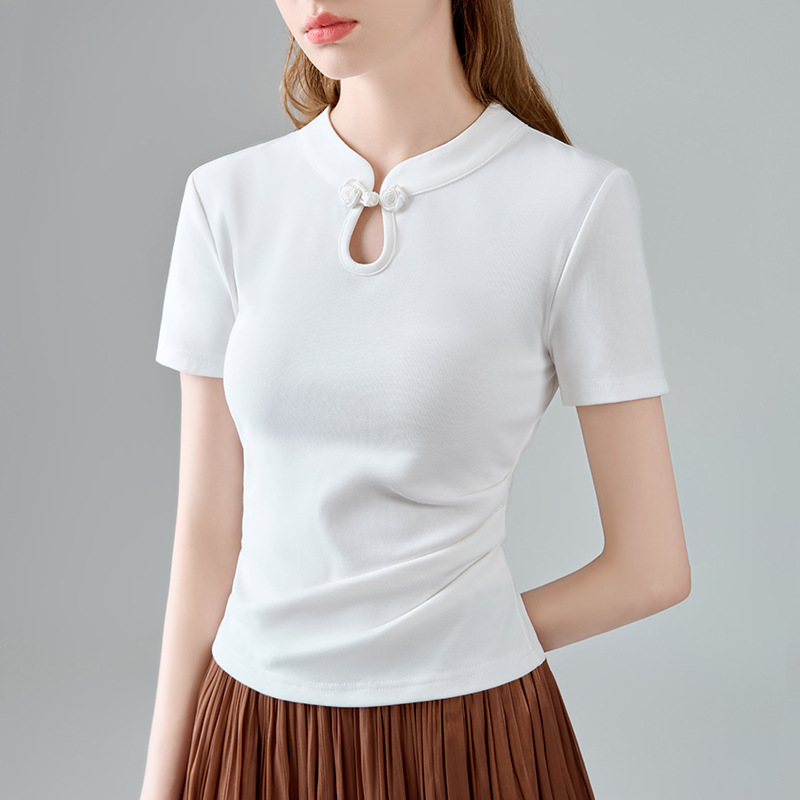 Camiseta negra de mangas cortas para mujeres 2025 nuevo diseño de moda de mujer china sensación de camiseta de algodón de estilo nacional cheongsam cuello de cintura superior