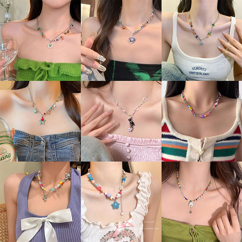 2024年新款夏季多巴胺黑猫彩色星星串珠项链女甜酷辣妹气质锁骨链