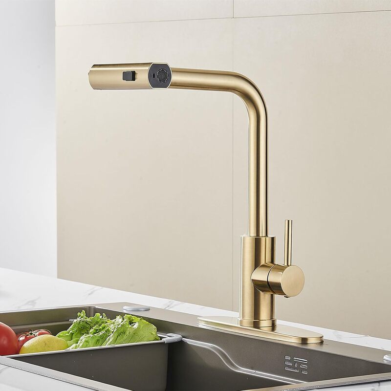 304 Stainless Steel Kitchen Brushed Gold Pull-Out Faucet Multi-Functional Waterfall Hot and Cold Water Basin Faucet