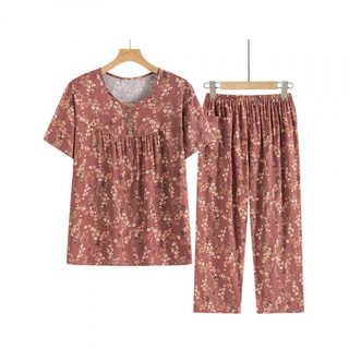 奶奶夏装棉绸短袖套装女妈妈圆领碎花家居服老人衣服宽松薄款睡衣