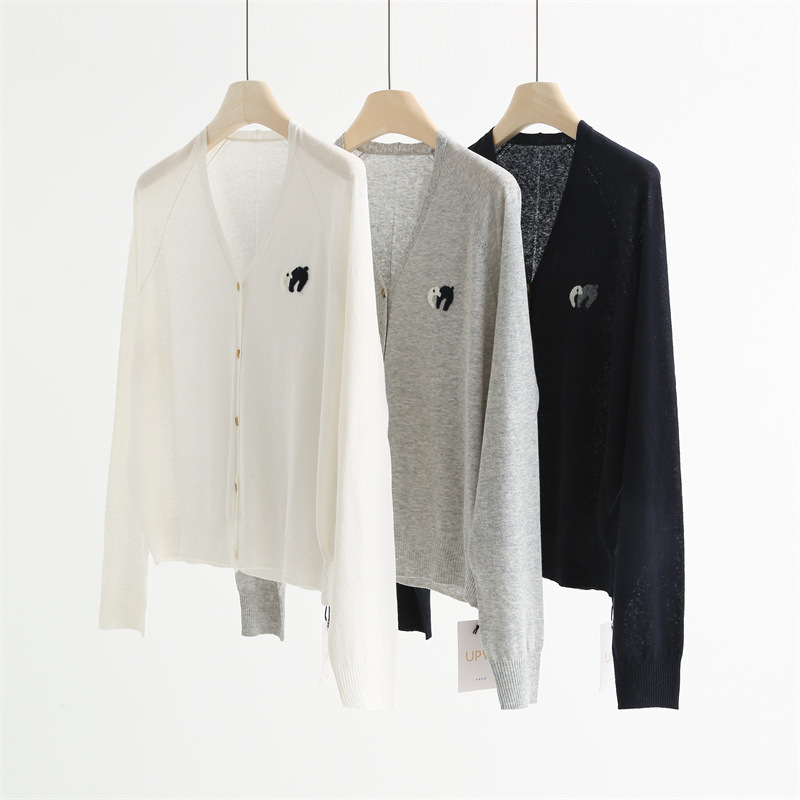 Upw Linen Cotton Little Elephant Hand-Embroidered Raglan Sleeve Cardigan for Women Summer Thin Designer Style Versatile Knitted Jacket 39037 Upw Linen Cotton Little Elephant Hand-Embroidered Raglan Sleeve Cardigan for Women Summer Thin Designer Style Versatile Knitted Jacket 39037