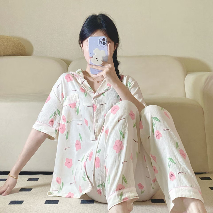 Verano nuevo pijama de amor mujer adorable oso simple ocio delgado nubes algodón ropa doméstica dos piezas conjunto al por mayor