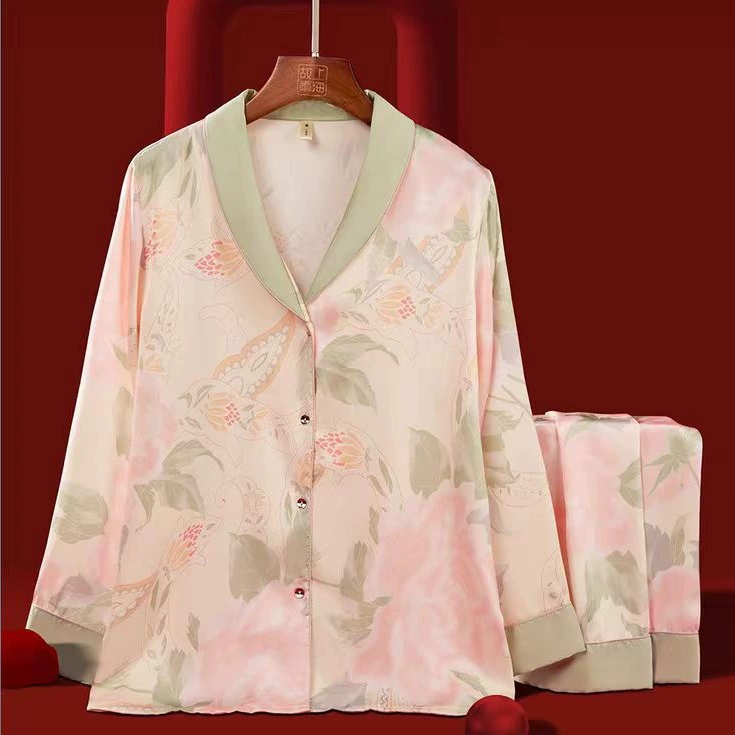 Da Vinci Code Retro Silk Pajama Set - Comfortable Long Sleeve Chinese Style Sleepwear