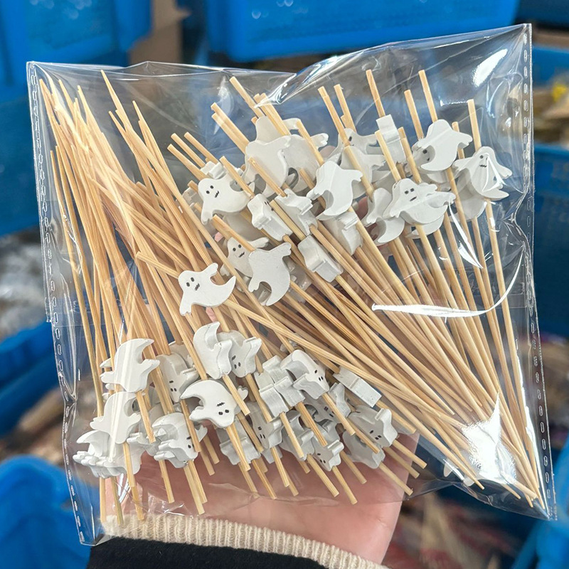 Nuevo producto decoración palo de bambú 100 piezas/paquete de fruta de dibujos animados lindo palo de bambú palo de hamburguesa palo de cóctel palo de bocadillo Amazon