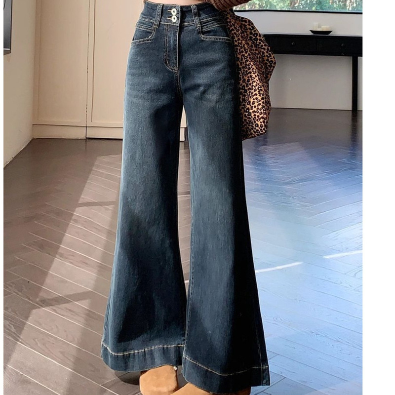 Hong Kong-Style Retro Wide-Leg Jeans for Women, Loose Fit, Slimming, Unique, Versatile, Flared, Drapey, Floor-Length Pants Hong Kong-Style Retro Wide-Leg Jeans for Women, Loose Fit, Slimming, Unique, Versatile, Flared, Drapey, Floor-Length Pants