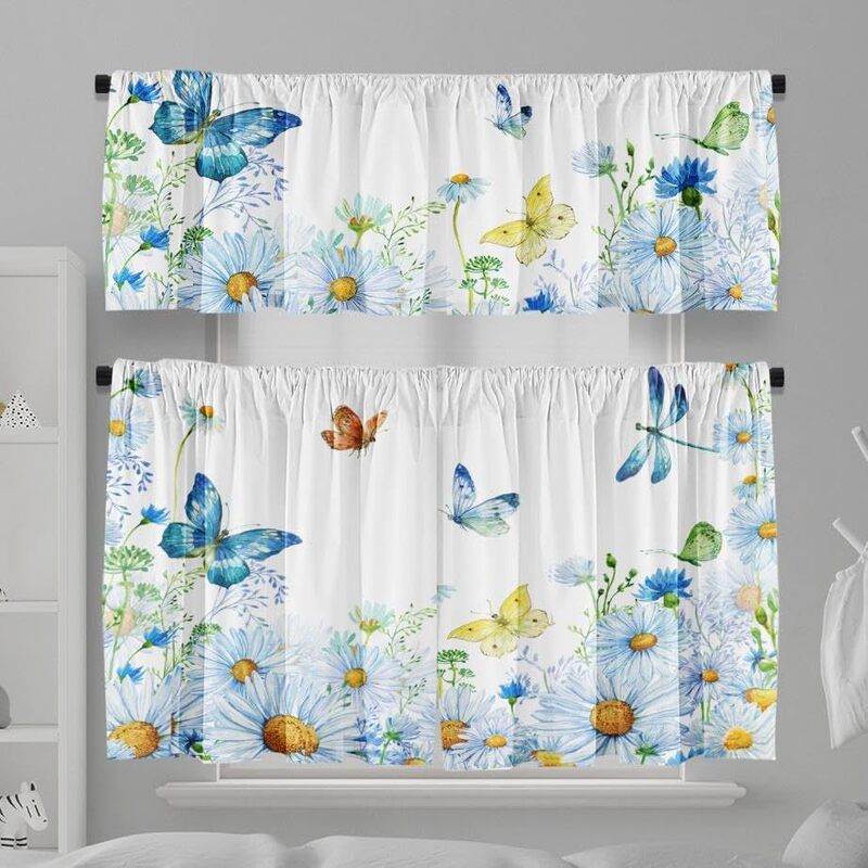 Amazon's new blue fresh plaid curtains, digitally printed coffee curtains, kitchen sink cabinet dustproof curtains Amazon's new blue fresh plaid curtains, digitally printed coffee curtains, kitchen sink cabinet dustproof curtains
